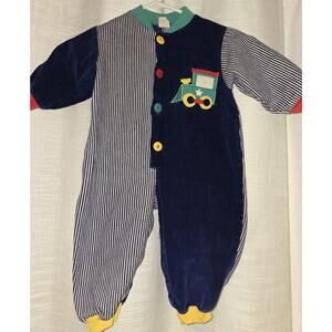 Vintage Train Applique Baby Romper Colorblock Corduroy And Stripes 24 Months
